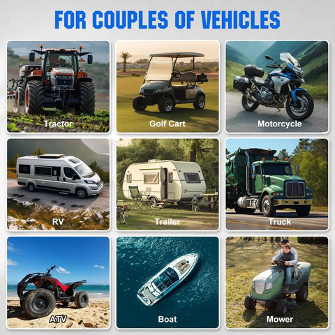 Grid showing various vehicles including a tractor, golf cart, motorcycle, RV, trailer, truck, ATV, boat, and mower.