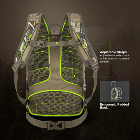 Back view of Camo G2 25L Hunting Backpack With Waterproof Rain Cover And Tough 600D Daypack showing adjustable straps and padded back