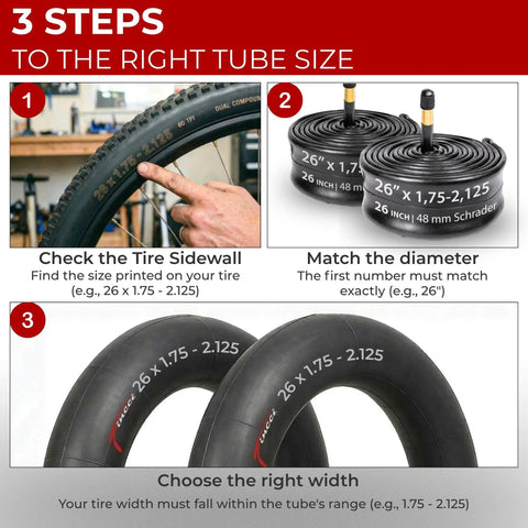 Instructions for choosing Two 26 Inch Bike Inner Tubes With Schrader Valve For 26x1.75 To 2.125 Tires, Durable Butyl Rubber.