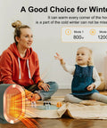 Portable 1200W Ceramic Space Heater For Desk And Home in living room with woman and child, showcasing heating modes and compact design
