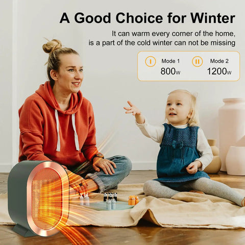 Portable 1200W Ceramic Space Heater For Desk And Home in living room with woman and child, showcasing heating modes and compact design