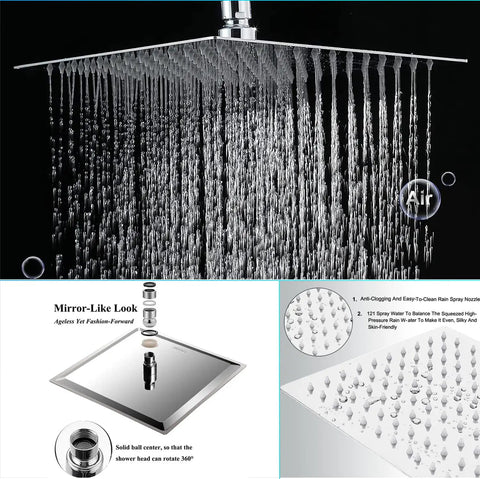 Big 10 Inch Square Rain Shower Head With Handheld Spray, high-pressure rainfall, chrome finish, close-up of water flow