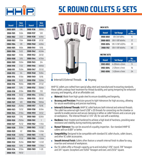Catalog page displaying 5C round collets, focusing on Seven Sixteenths Inch 5C Round Collet For Milling And Lathe, detailed specifications included.