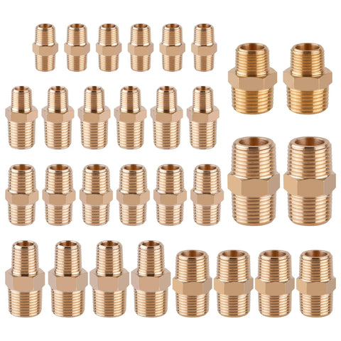 Brass Pipe Fittings Hex Nipple Kit 30 Piece With 1/8x1/8 NPT 1/4x1/8 NPT 1/4x1/4 NPT 3/8x1/4 NPT 3/8x3/8 NPT 1/2x3/8 NPT 1/2x1/2 NPT Includes Teflon Tape