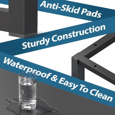 Anti-skid pads, sturdy construction, and easy-to-clean waterproof surface of the 55 Inch Mission Style Home Office Computer Desk In Black With Sturdy Engineered Wood Top And Powder Coated Steel Frame For Rock Solid Stability Easy Assembly And Generous Space For Monitors Keyboard And All Your Office Gear.