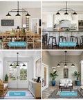 Dope Industrial Farmhouse Black Pendant Light Fixture With Three Lights For Kitchen Island Dining Room Living Room Hallway And Pool Table Area, Modern Metal Hanging Lamp In A Sleek Dark Grey Finish in various room settings.