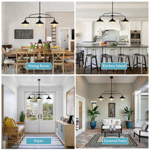 Dope Industrial Farmhouse Black Pendant Light Fixture With Three Lights For Kitchen Island Dining Room Living Room Hallway And Pool Table Area, Modern Metal Hanging Lamp In A Sleek Dark Grey Finish in various room settings.