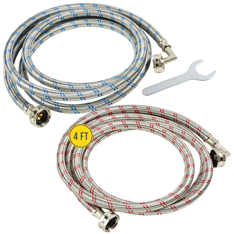 Braided Stainless Steel Washing Machine Hoses Four Feet 90 Degree Elbow Octagon Connections Universal Fit Two Pack Color Coded Hot Cold Burst Proof Up To 1500 PSI With Bonus Wrench No Sweat Install
