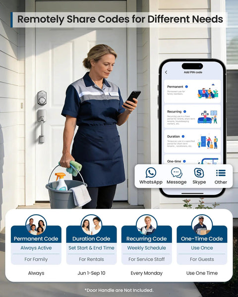 Stress Free Keyless Entry Wifi Keypad Deadbolt Smart Lock For Front Door With Remote App Control Alexa And Google Assistant Compatible Satin Nickel Finish, woman using smartphone at front door.