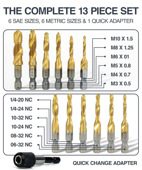 13 Piece HSS Titanium Coated Drill Tap Bit Set For Drilling Tapping And Countersinking SAE And Metric with Quick Change Adapter
