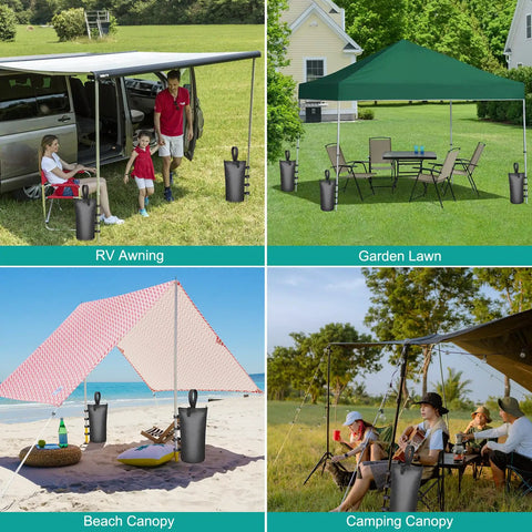 4 Pack Beefy 210 Pound Sandbags with zippers and straps securing RV awning, gazebo, beach canopy, and camping canopy