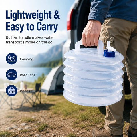 Person carrying collapsible water container with spigot for camping and road trips, lightweight plastic dispenser.