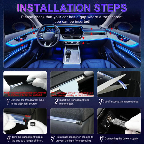 Installation steps for Smart Interior LED Car Lights with USB Port Fiber Optic Ambient Lighting Kit, showing console setup