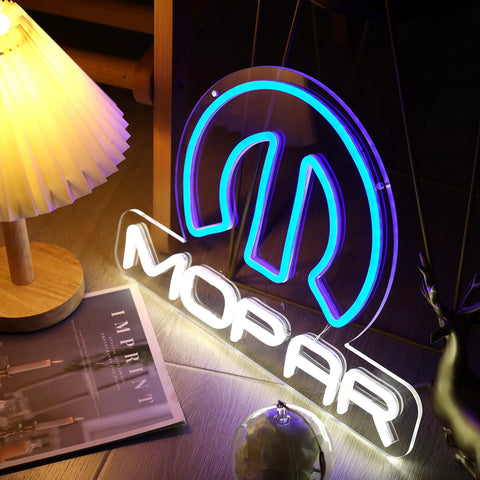 Mopar Emblem Neon Sign Palm Size LED Neon for Garage and Man Cave Decor With USB Power and Dimmer Kit Blue and White Tubes Retro Auto Parts Shop Sign for Cars and Motorcycles Enthusiasts