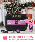 Pink 116 Piece Tool Kit With 3.6V USB Cordless Screwdriver For Women And Girls Includes Hammer Adjustable Wrenches Needle Nose Pliers Utility Knife 10 Foot Tape Measure Precision Screwdrivers Bit Set And Screwdriver Holder in a festive setting.