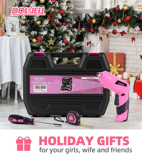 Pink 116 Piece Tool Kit With 3.6V USB Cordless Screwdriver For Women And Girls Includes Hammer Adjustable Wrenches Needle Nose Pliers Utility Knife 10 Foot Tape Measure Precision Screwdrivers Bit Set And Screwdriver Holder in a festive setting.