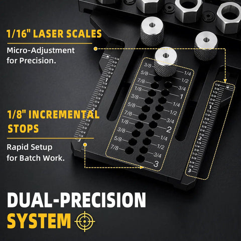 Heavy Duty 5 Hole Dowel Jig For Cabinet Crafting And Furniture Assembly Featuring Robust Alloy Steel Frame and crisp measurement guides for alignment.