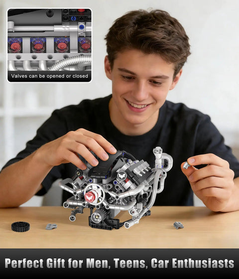 Teen assembling Mini V8 Engine Model Kit That Runs With 770 Piece Motorized Build Set And Lights, valves detail shown.