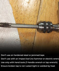 Close-up of six piece tap extractor set for stripped screws and bolts, high speed steel, installed in a T-handle wrench.