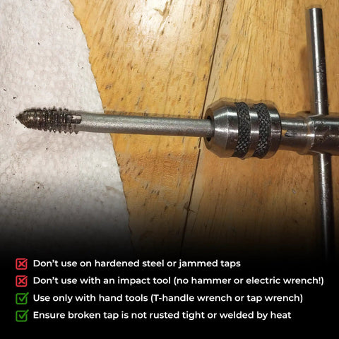 Close-up of six piece tap extractor set for stripped screws and bolts, high speed steel, installed in a T-handle wrench.