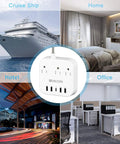 Beefy 10 Outlet Power Strip with 3 USB Ports and 1 USB C in various locations: cruise ship, home, hotel, office setup.
