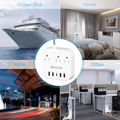 Beefy 10 Outlet Power Strip with 3 USB Ports and 1 USB C in various locations: cruise ship, home, hotel, office setup.