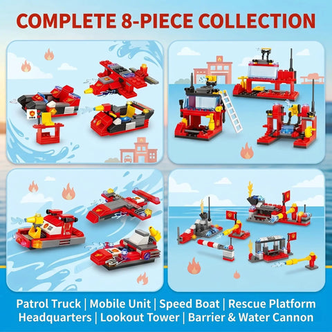 8 In 1 Fire Rescue Building Set Kit With Fire Station Large Fire Engine Fire Boat Rescue Helicopter Fire Plane And Emergency Vehicle Buildable Models For Grown Ups Collectible Construction Gift, ABS plastic