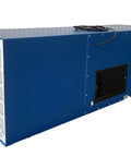 Straight Up Heavy Duty Ceiling Or Wall Mounted Air Cleaner With 2500 Cfm Blower and Eight Pocket Bag Filter, side view, blue cabinet.