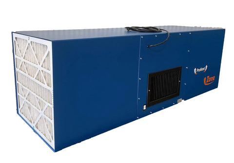 Straight Up Heavy Duty Ceiling Or Wall Mounted Air Cleaner With 2500 Cfm Blower and Eight Pocket Bag Filter, side view, blue cabinet.
