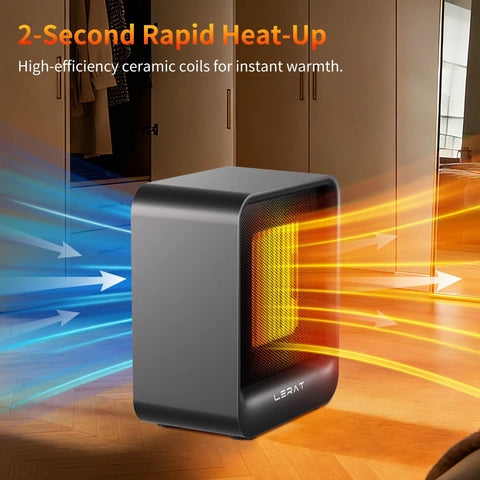 Ultra Compact 500W Desk Space Heater with Quiet Electric Heating and PTC Ceramic Core in a room showing airflow and heating effect