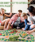 Family playing with Dinosaur Track Toy Set With Light And Sound Race Track For Kids Ages 3 4 5 6 7 Boys And Girls on the floor
