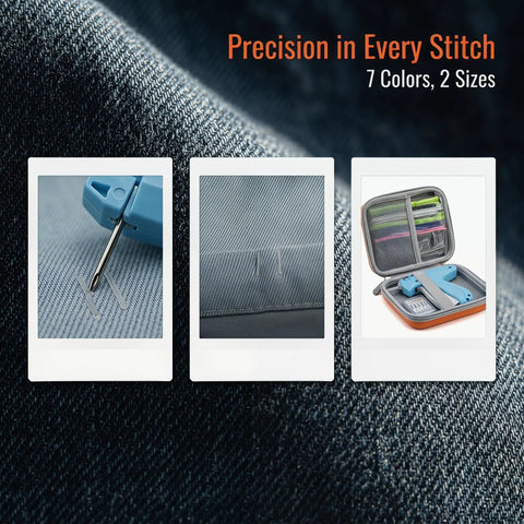 Handheld No Sew Clothing Repair Tool With Seven Color Fasteners, Quick One Click Hem And Strap Fixer For Emergency Wardrobe Snags, No Sweat Garment Mender For Fast Fixes On The Fly in compact case, showing tool and colored clips.