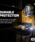Heavy Duty Cowhide Leather Welding Cape Jacket Built Tough To Kick Some Serious Spatter And Block Extreme Heat worn by a welder.