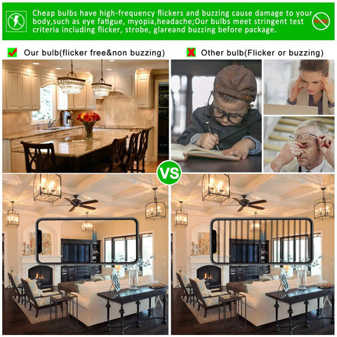 Comparison of dimmable E12 LED bulb 6W equiv to 60W warm white 2700K with other bulbs in various home settings highlighting no flicker.