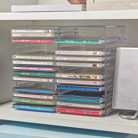 Stackable Clear Plastic CD Organizer With Rubber Feet For Home Theater Or Media Room, Holds Up To 30 Jewel Cases, BPA Free Durable American Made
