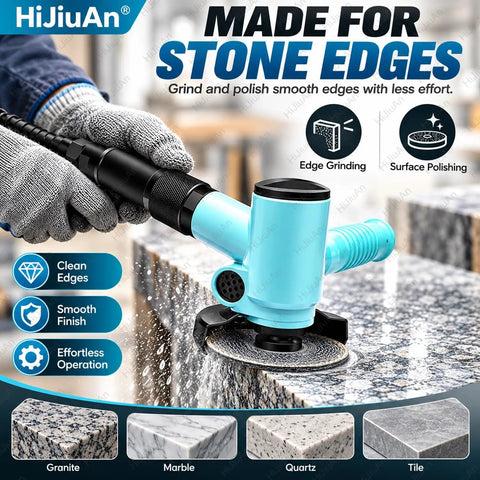 Heavy Duty Pneumatic Angle Grinder Four Inch Rotary Polisher With Oil Port And Filtered Air Inlet Spins Quick At Thirteen Thousand Rpm To Chop Through Steel And Wood Like Butter for polishing stone edges.