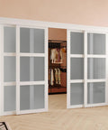 Bypass Sliding Closet Door For A 96 Inch Wide Opening With 3 Lite Frosted Glass Panels Includes Hardware Track Kit And Floor Guide Pre Drilled Double Door Panels Ready To Assemble Space Saver For Bedroom Closets And Laundry