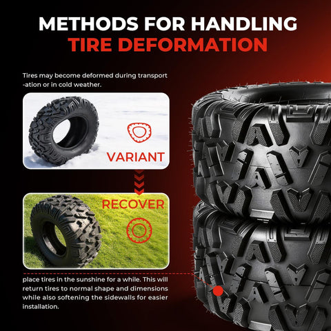 All Terrain Mud Tires Set Of 4 For ATV UTV Front 27x9-12 And Rear 27x11-12 6 Ply Tubeless With Non Directional Tread Great For Mud Dirt Sand And Trails High Traction And Durable For Heavy Off Road Use, showing tire deformation recovery methods.