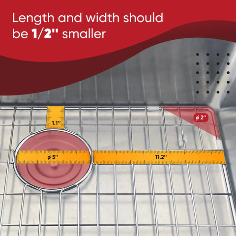 Heavy Duty Stainless Steel Sink Protector Grid For Kitchen Sink 27.5 By 13.5 Inches with measurement guide showing fit