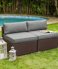 2-Piece Add-On Armless Chairs To Expand Chocolate Brown Wicker Sectional Sofa Set With Dark Grey Cushions by a poolside