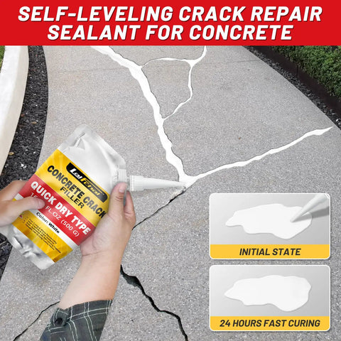 Self Leveling Concrete Crack Filler for Driveways and Patios Fast Drying Cement Repair applied to cracks in pavement.