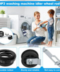 Woman and child in laundry room with 959P3 Washer Idler Pulley Kit Replacement including lever assembly and belt.