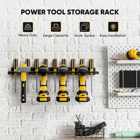 Power Tool Organizer Wall Mount Drill Holder Heavy Duty Garage Storage Rack with tools on white brick wall in workshop