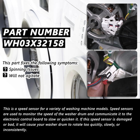 Installed washer speed sensor WH03X32158 with wiring harness and connector for GE/Hotpoint washers.