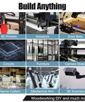 Collage of applications for aluminum extrusion: 3D printers, actuators, draw bots, circuits, furniture, camera sliders, plasma cutters, mechanical arms, 3D scanners.