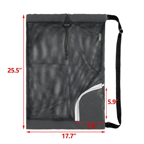 Mesh Drawstring Backpack For Beach And Pool, Lightweight Cinch Bag With Zip Pocket, Foldable Mesh Tote size 17.7x25.5 inches, Black