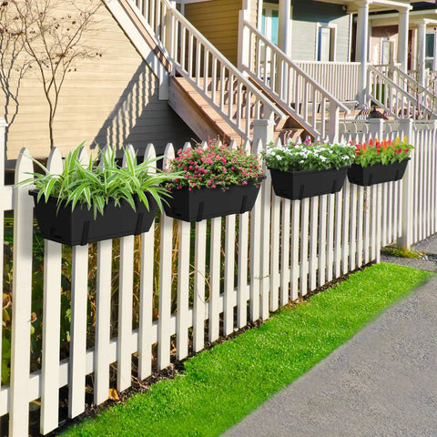 Six Pack Railing Planter Boxes With Adjustable Brackets Black 17 Inch Deck Rail Planters For Outdoor Plants on white fence