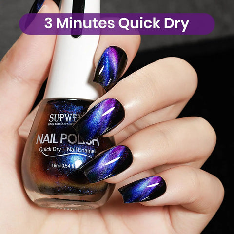 9D Magnetic Cat Eye Nail Polish Kit With Magnet Quick Dry Finish Dope Holographic Galaxy Lacquer That Requires Black Base Coat Non Gel Nail Polish For Women Girls 16ml Fast Dry Manicure displayed on nails with bottle and magnet in hand