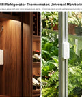 WiFi Freezer Thermometer With App Alerts And Two Wireless Fridge Sensors For Real Time Temperature Monitoring, Waterproof IP65 Probes, Instant Phone Notifications If Temperatures Go Out Of Range. White sensor on wine cabinet and greenhouse window