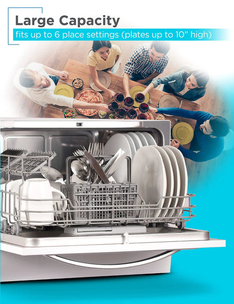 No Sweat Countertop Dishwasher Featuring Seven Heavy Duty Cycles And Certified Energy Star Efficiency For Quick Clean Rounds And Studio Apartment Layouts In Crisp White with large capacity for 6 place settings.